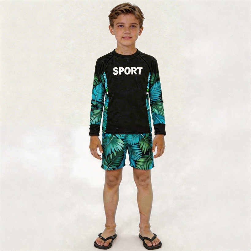RTX Kids Tropical Leaf Rash Guard Set - Black/Green